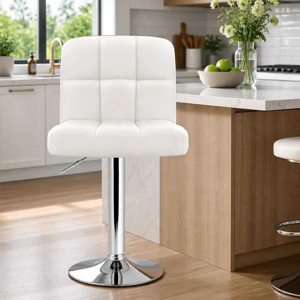 Set of 4 White Faux Leather Swivel Bar Stools