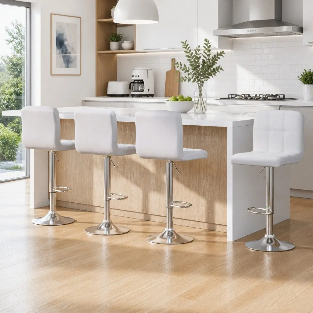 Set of 4 White Faux Leather Swivel Bar Stools