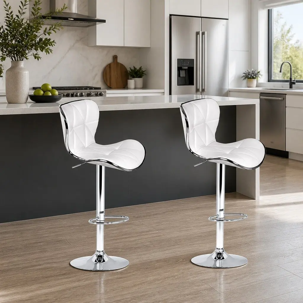 Bar Stools Gas Lift Swivel Seat White Padded Set of 2 Modern Chrome Base