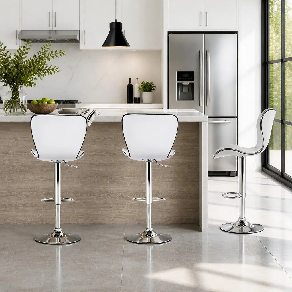 Bar Stools Gas Lift Swivel Seat White Padded Set of 2 Modern Chrome Base