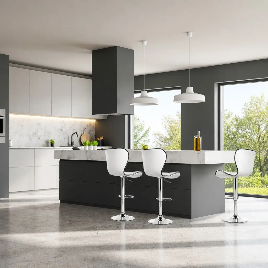 Bar Stools Gas Lift Swivel Seat White Padded Set of 2 Modern Chrome Base