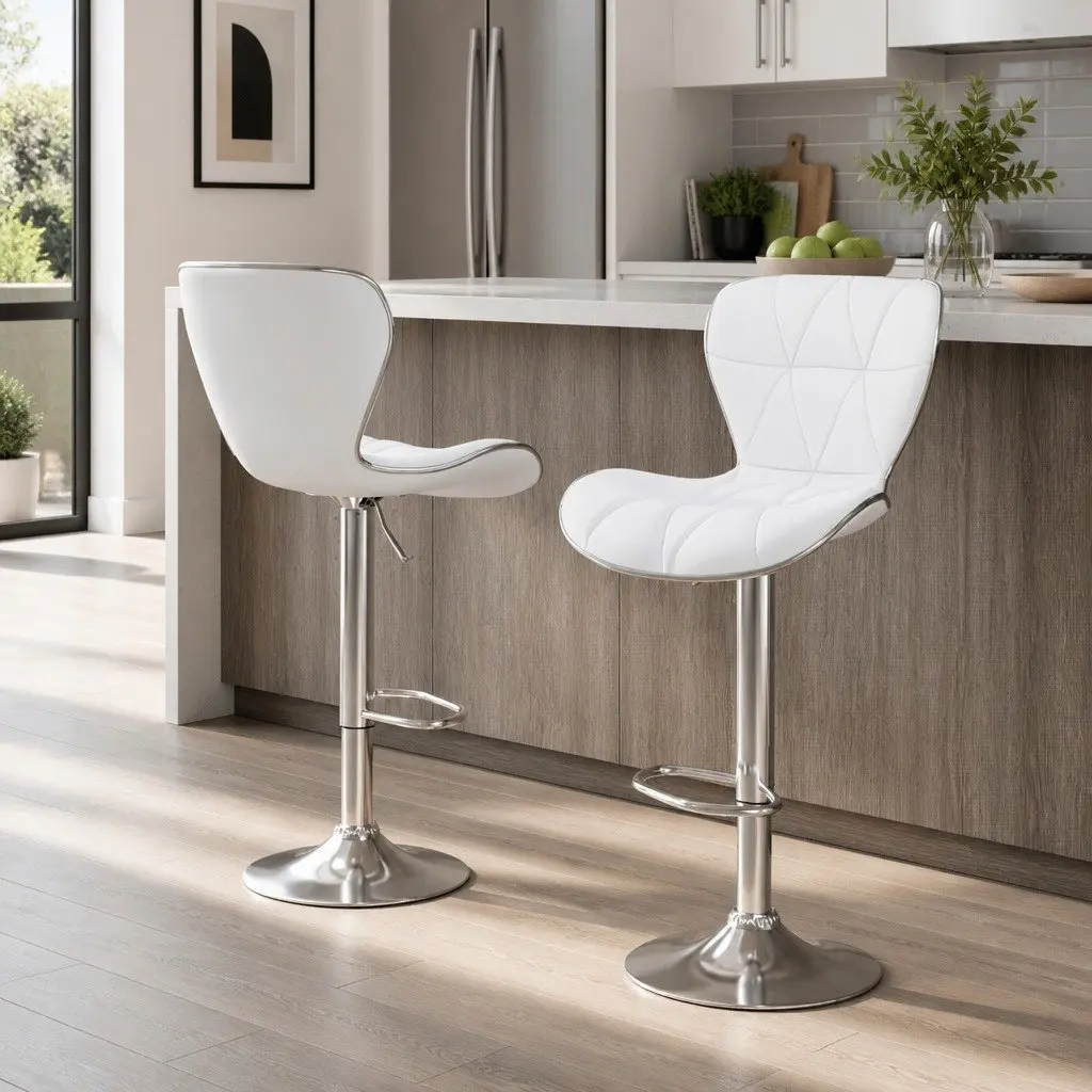 Bar Stools Gas Lift Swivel Seat White Padded Set of 2 Modern Chrome Base