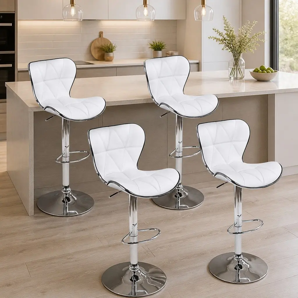 Bar Stools White Gas Lift Swivel Padded Seat Chrome Base Modern 4 Piece