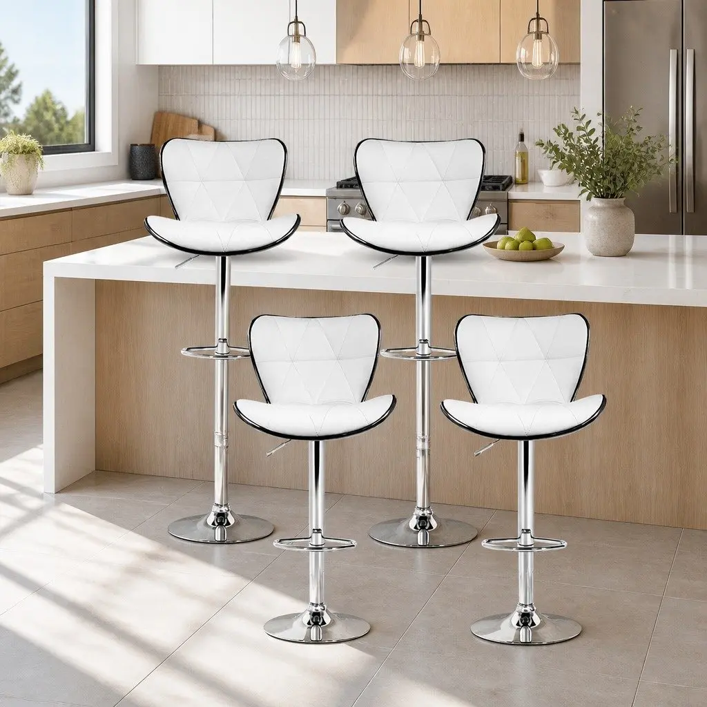 Bar Stools White Gas Lift Swivel Padded Seat Chrome Base Modern 4 Piece