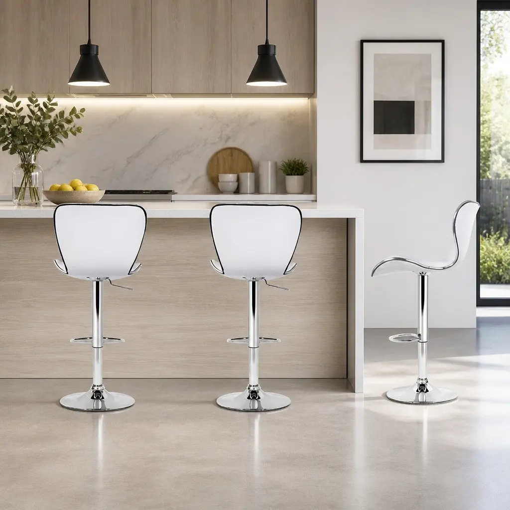 Bar Stools White Gas Lift Swivel Padded Seat Chrome Base Modern 4 Piece