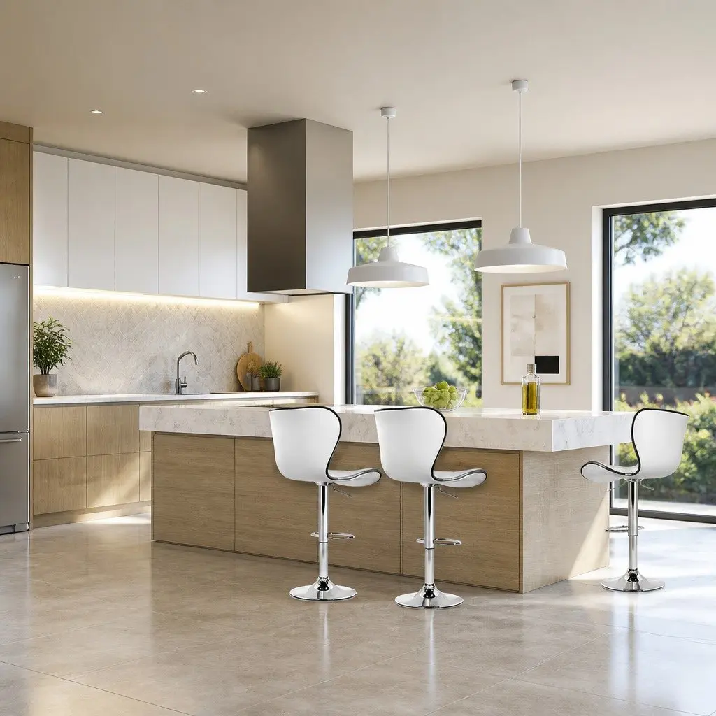 Bar Stools White Gas Lift Swivel Padded Seat Chrome Base Modern 4 Piece