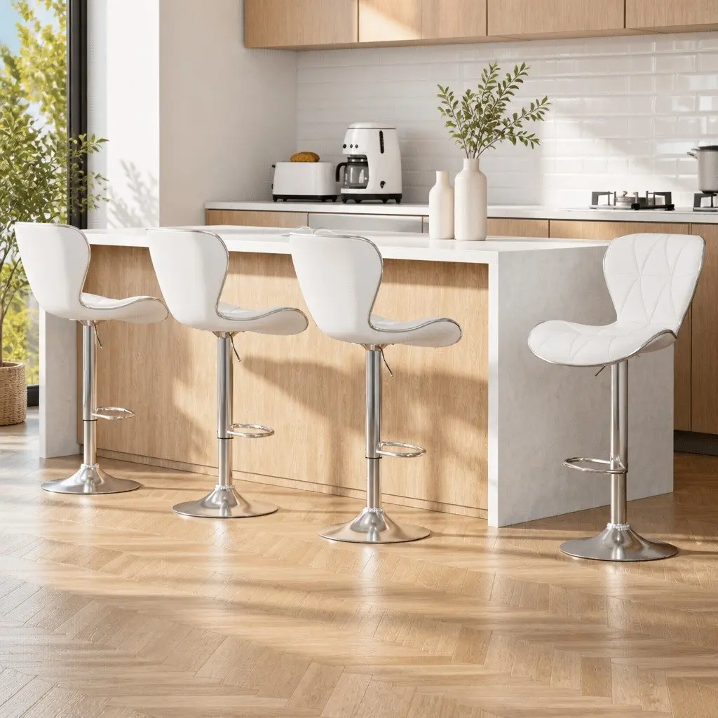 Bar Stools White Gas Lift Swivel Padded Seat Chrome Base Modern 4 Piece