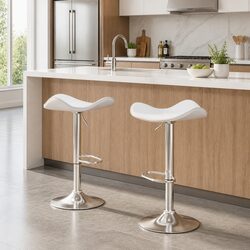 White Leather Bar Stools with Adjustable Height - 2 Pack