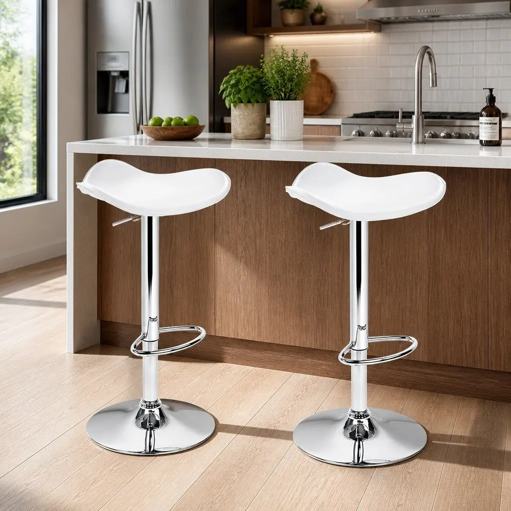 Bar Stools Leather Adjustable Height Swivel Seat White 2 Piece