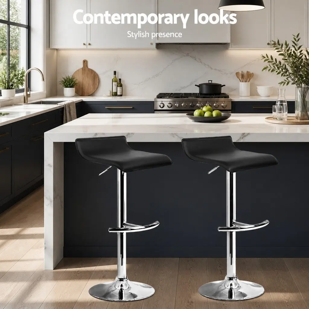 Bar Stools Adjustable Gas Lift Black Swivel 2 Piece PU Leather Steel