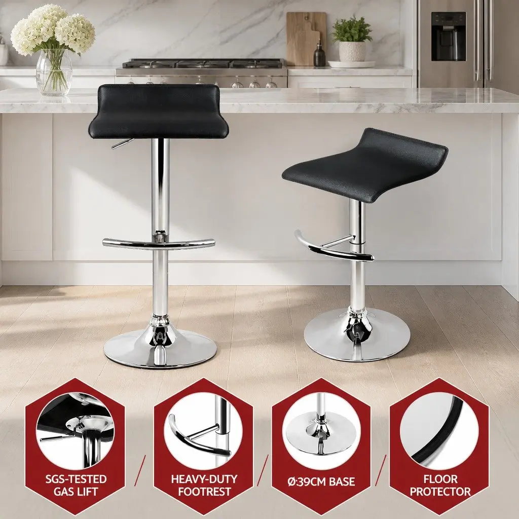 Bar Stools Adjustable Gas Lift Black Swivel 2 Piece PU Leather Steel