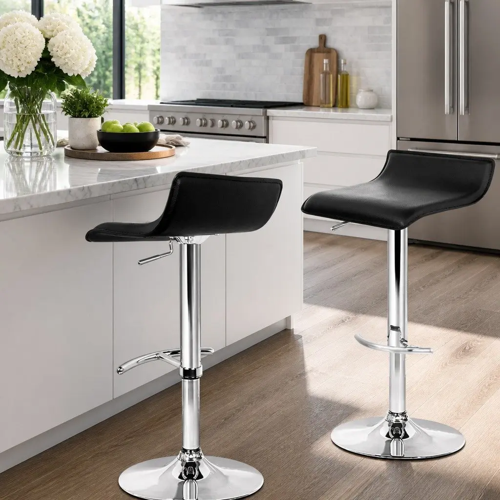 Bar Stools Adjustable Gas Lift Black Swivel 2 Piece PU Leather Steel