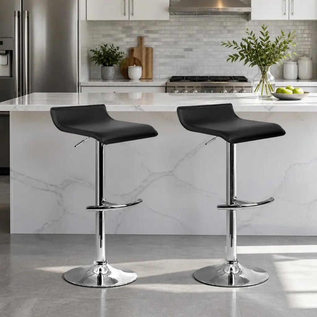 Bar Stools Adjustable Gas Lift Black Swivel 2 Piece PU Leather Steel