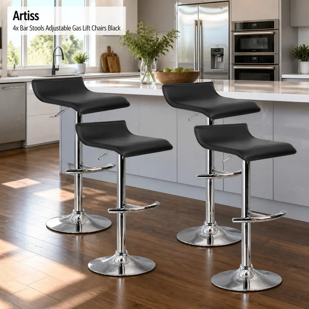 Set of 4 Black Adjustable Bar Stools with Gas Lift