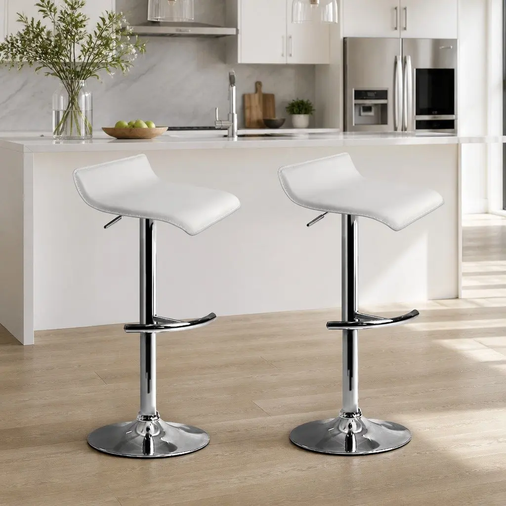 Bar Stools Adjustable Gas Lift White 2 Pack Swivel Seat PU Leather Steel