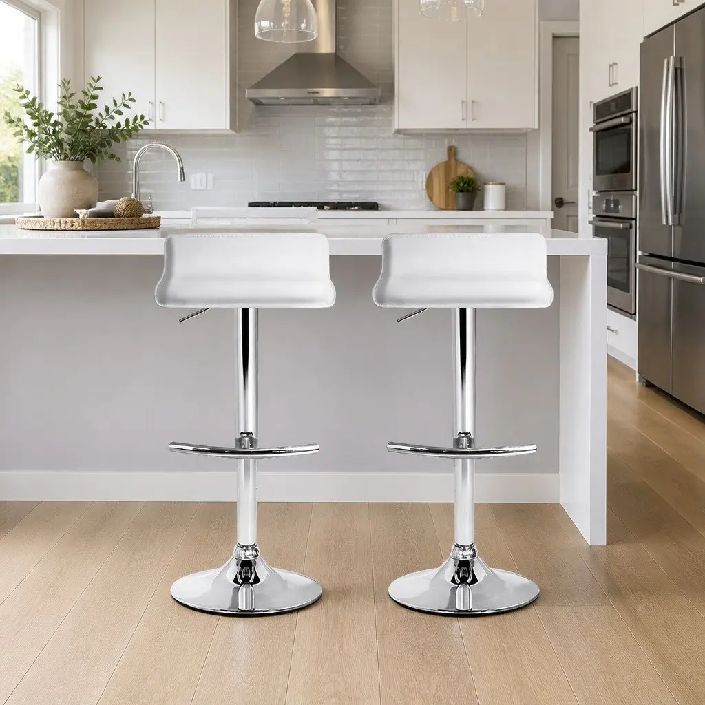 Bar Stools Adjustable Gas Lift White 2 Pack Swivel Seat PU Leather Steel