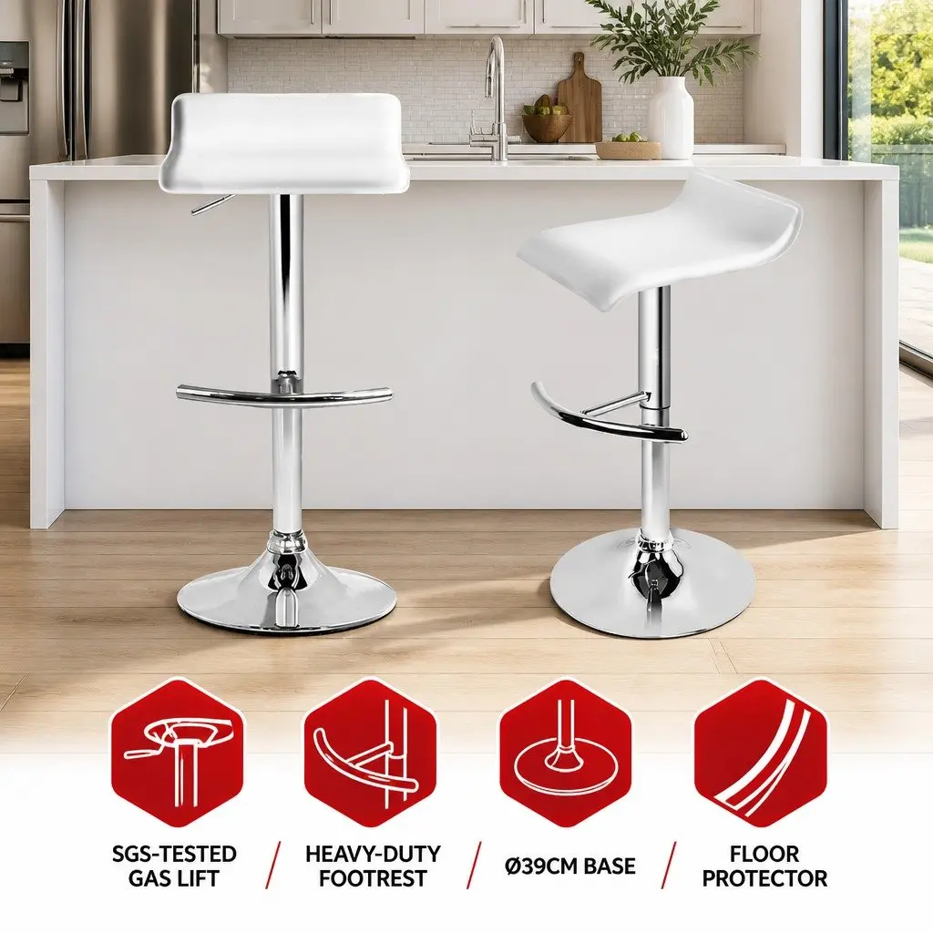 Bar Stools Adjustable Gas Lift White 2 Pack Swivel Seat PU Leather Steel