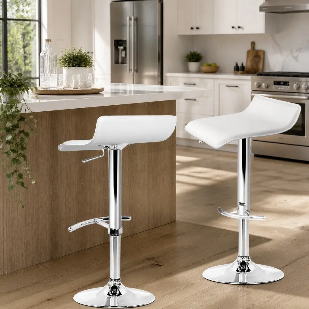 Bar Stools Adjustable Gas Lift White 2 Pack Swivel Seat PU Leather Steel