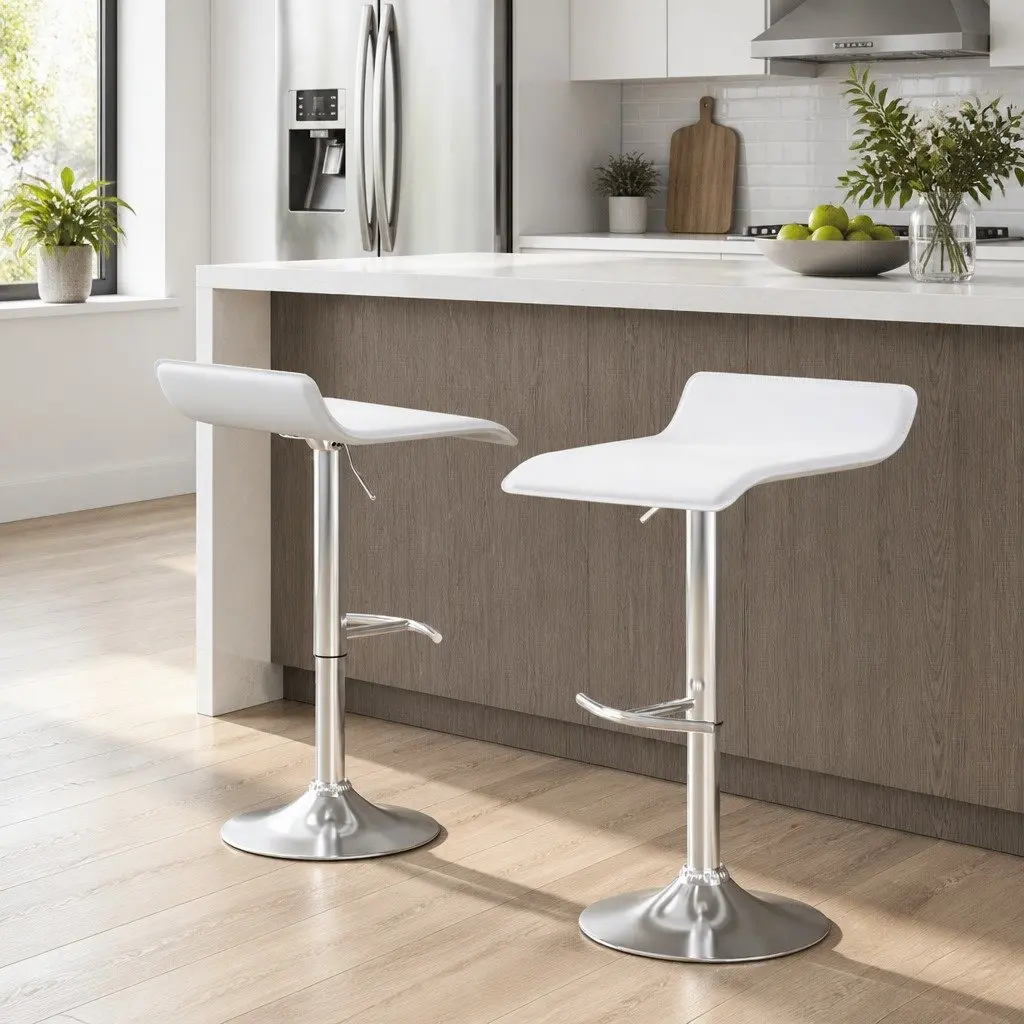 Bar Stools Adjustable Gas Lift White 2 Pack Swivel Seat PU Leather Steel