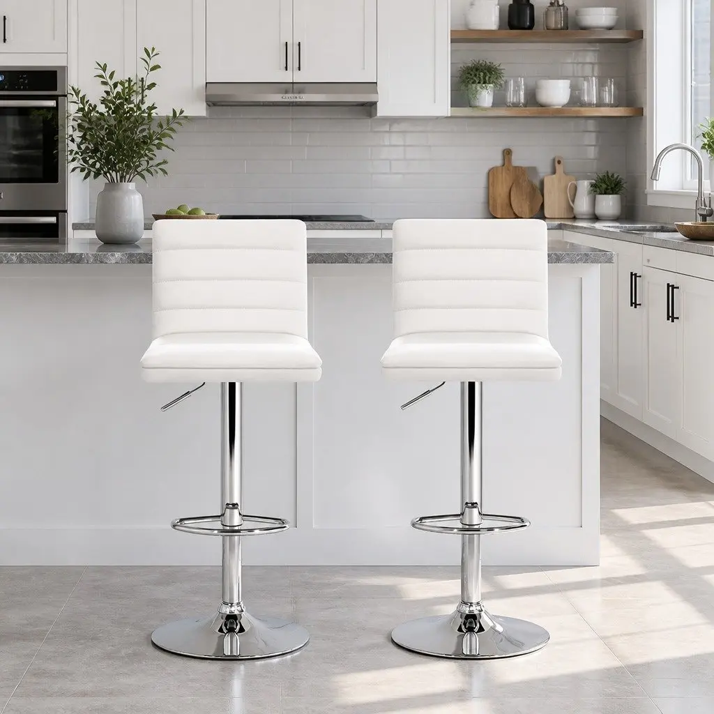 Bar Stools Padded Seat Gas Lift Swivel Chair White 2 Piece Faux Leather Chrome
