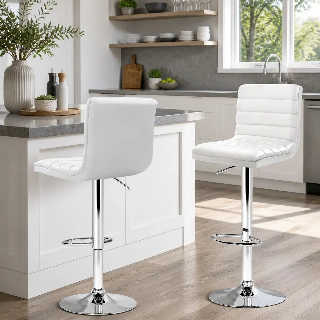 Bar Stools Padded Seat Gas Lift Swivel Chair White 2 Piece Faux Leather Chrome