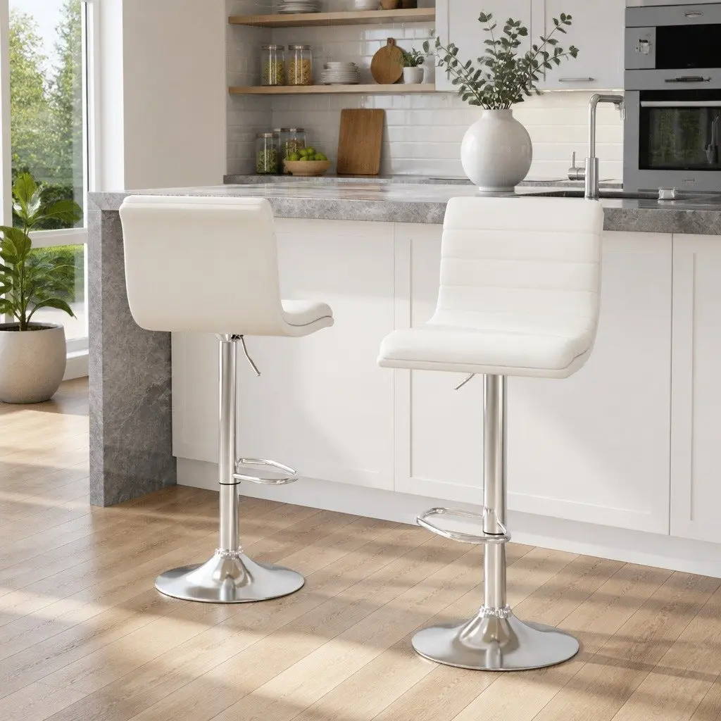 Bar Stools Padded Seat Gas Lift Swivel Chair White 2 Piece Faux Leather Chrome