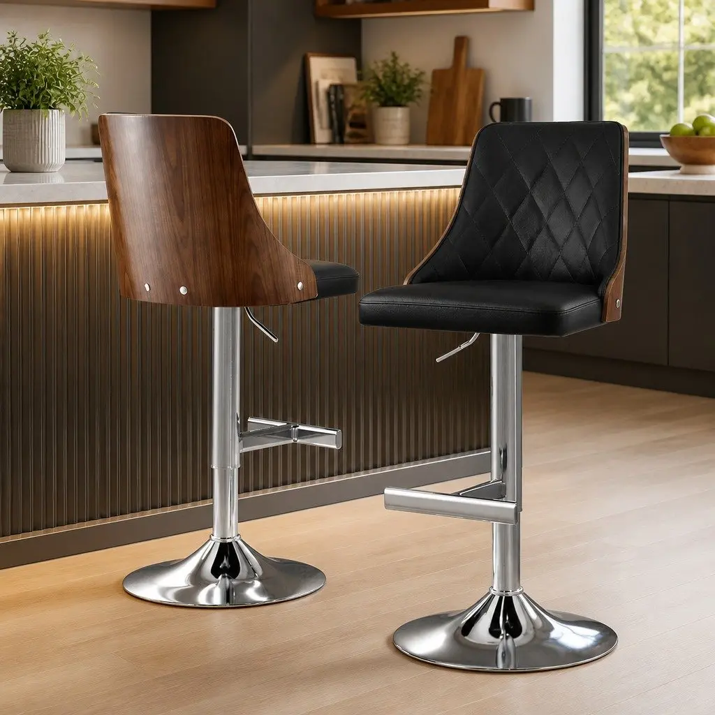 Set of 2 Adjustable Height Black Leather Bar Stools