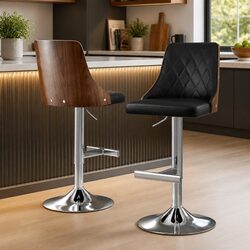 Set of 2 Adjustable Height Black Leather Bar Stools