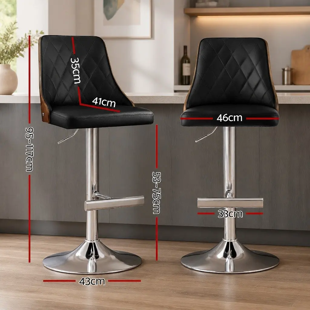 Set of 2 Adjustable Height Black Leather Bar Stools