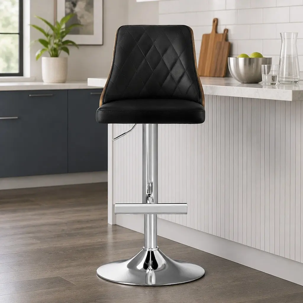 Set of 2 Adjustable Height Black Leather Bar Stools