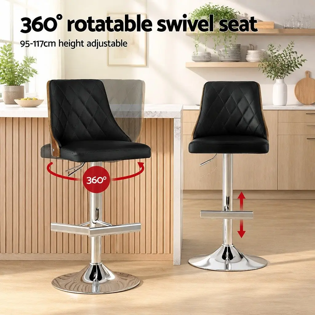 Set of 2 Adjustable Height Black Leather Bar Stools