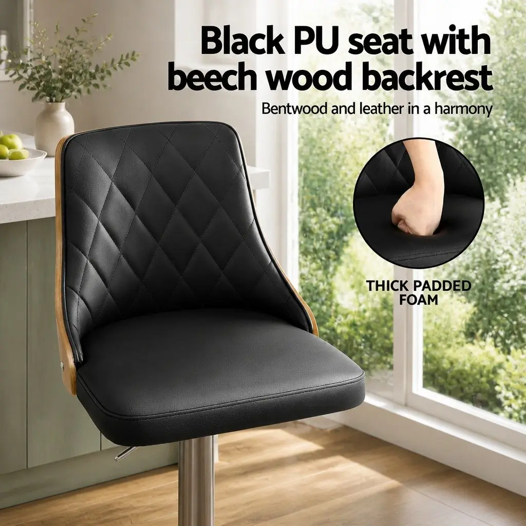 Set of 2 Adjustable Height Black Leather Bar Stools