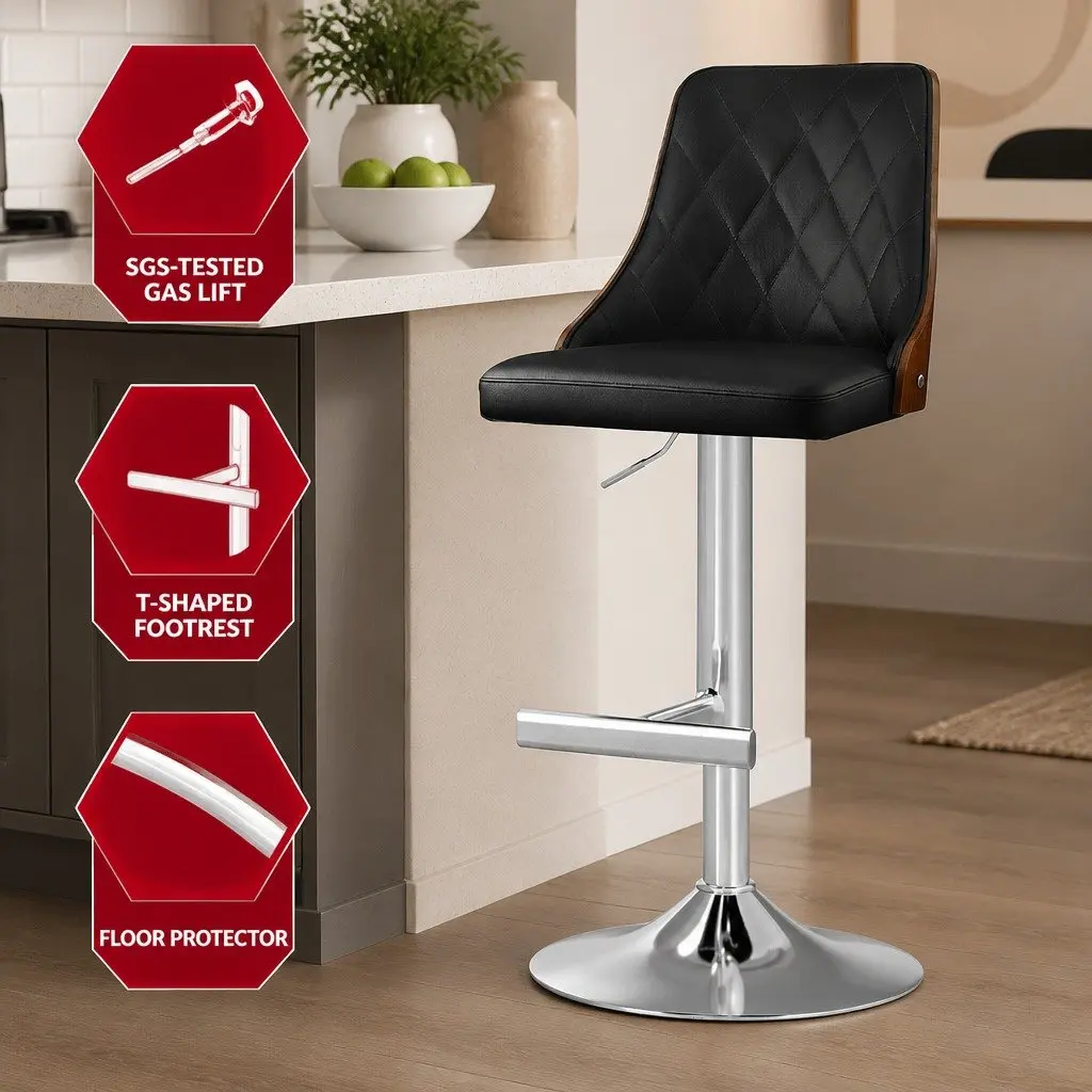 Set of 2 Adjustable Height Black Leather Bar Stools