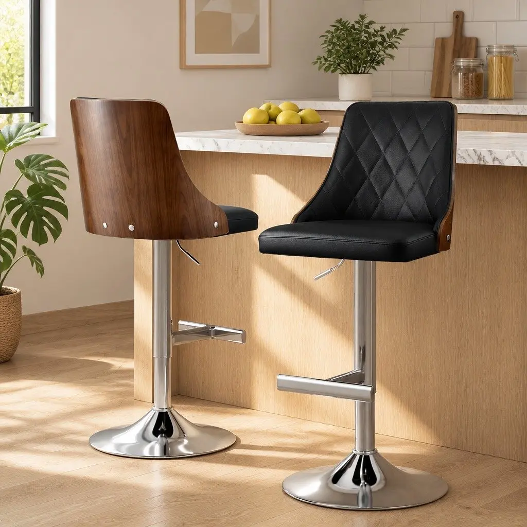 Set of 2 Adjustable Height Black Leather Bar Stools