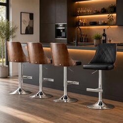 Set of 4 Adjustable Black Leather Bar Stools