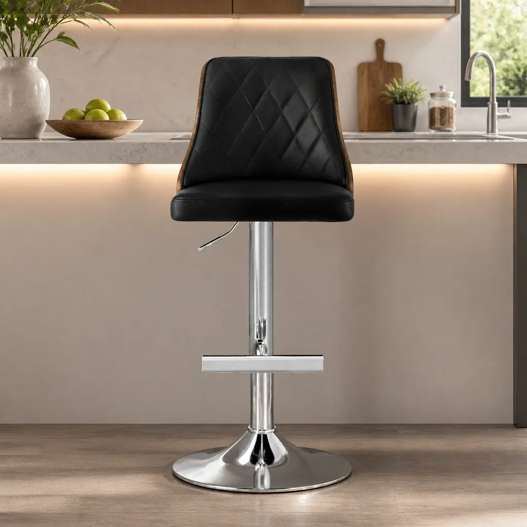 Bar Stools Swivel Adjustable Height Black Leather Set of 4 Kitchen Counter