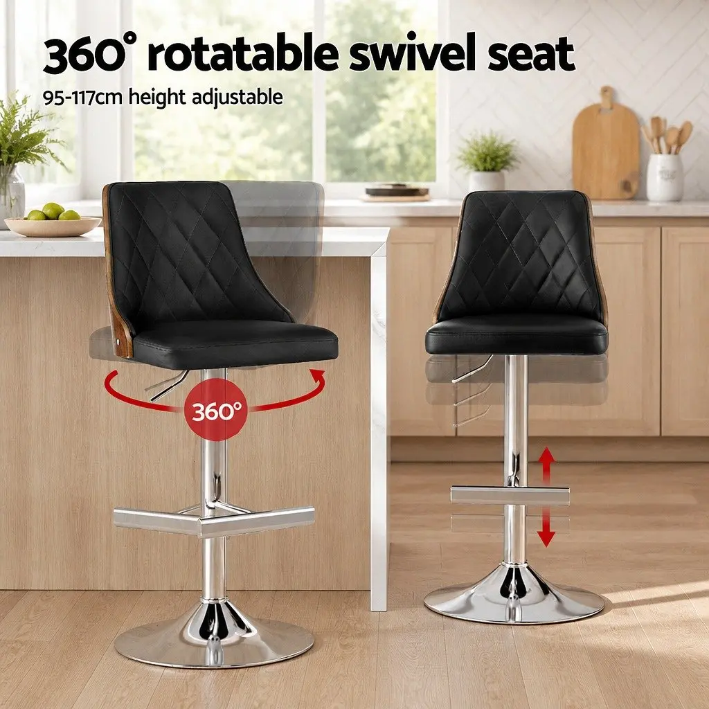 Bar Stools Swivel Adjustable Height Black Leather Set of 4 Kitchen Counter