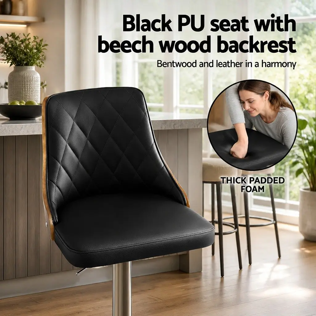 Bar Stools Swivel Adjustable Height Black Leather Set of 4 Kitchen Counter