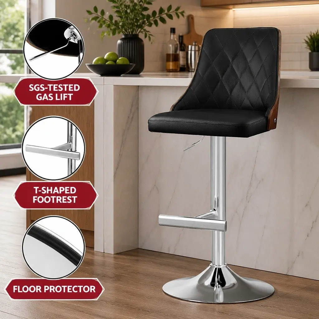 Bar Stools Swivel Adjustable Height Black Leather Set of 4 Kitchen Counter