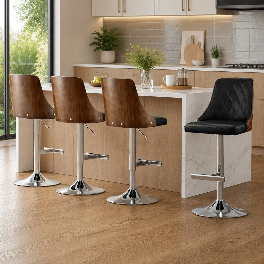 Bar Stools Swivel Adjustable Height Black Leather Set of 4 Kitchen Counter