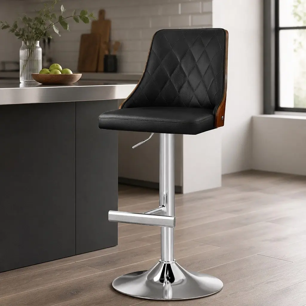 Adjustable Height Black Leather Bar Stool with Bentwood