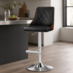 Adjustable Height Black Leather Bar Stool with Bentwood