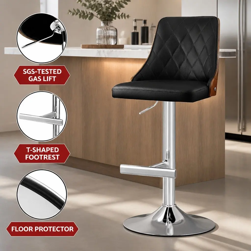 Bar Stool Swivel Adjustable Height Black Leather Kitchen Counter Bentwood