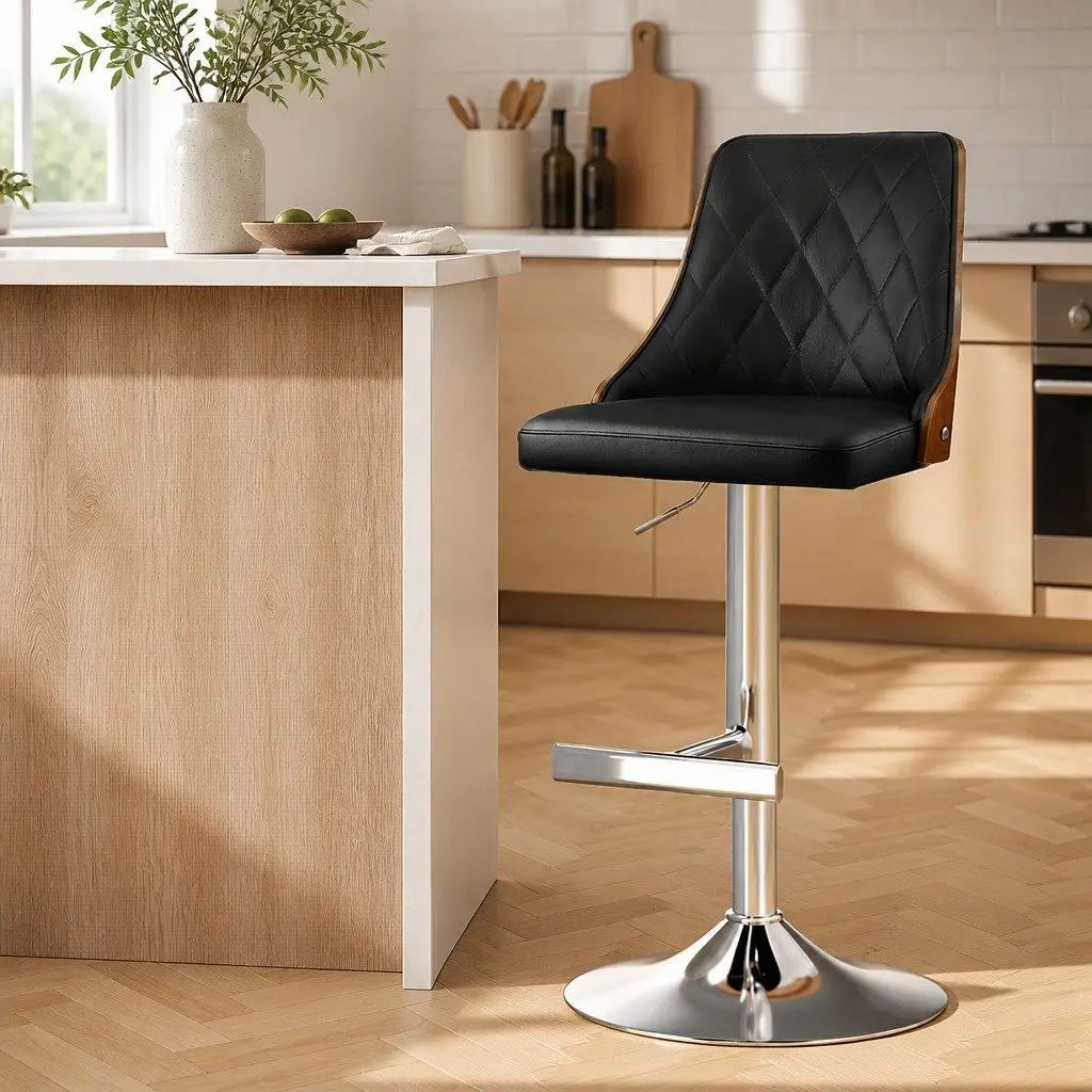 Bar Stool Swivel Adjustable Height Black Leather Kitchen Counter Bentwood