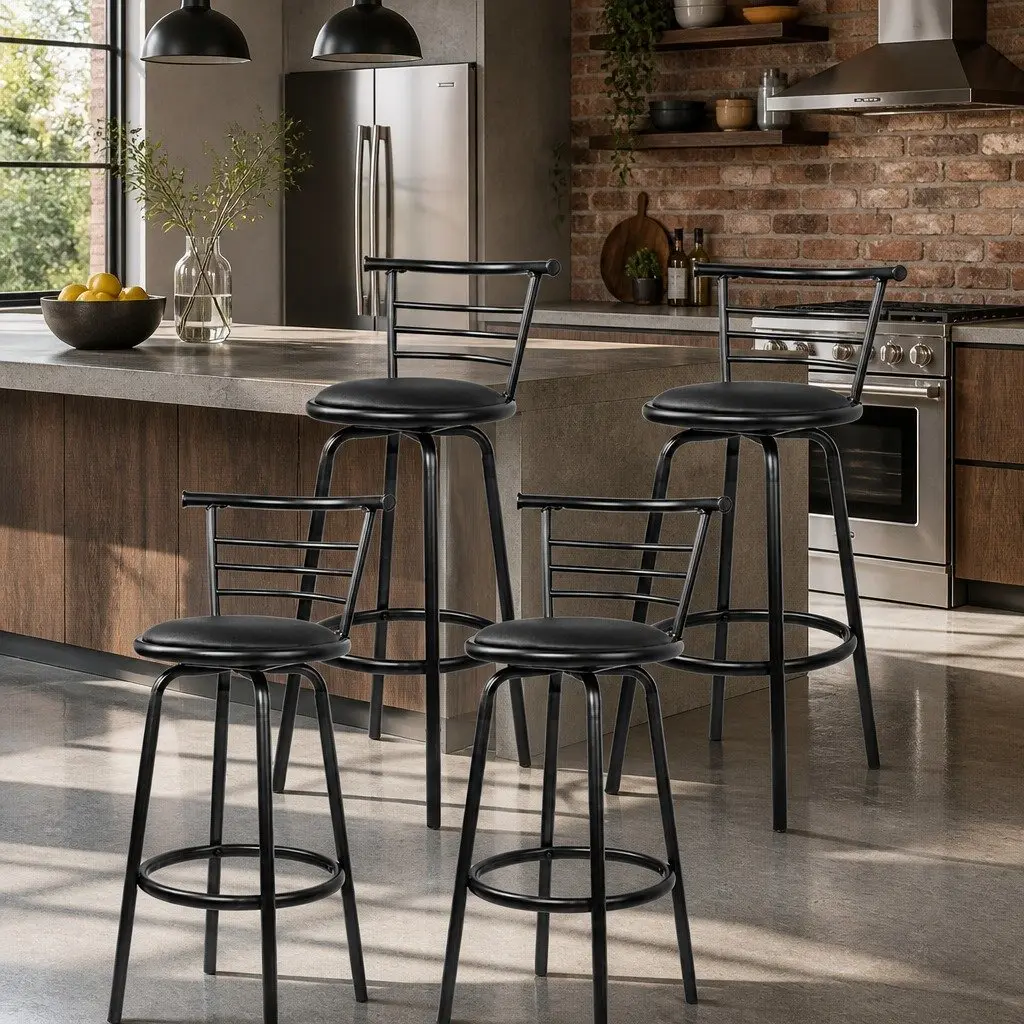 Set of 4 Black Swivel Bar Stools with Footrest