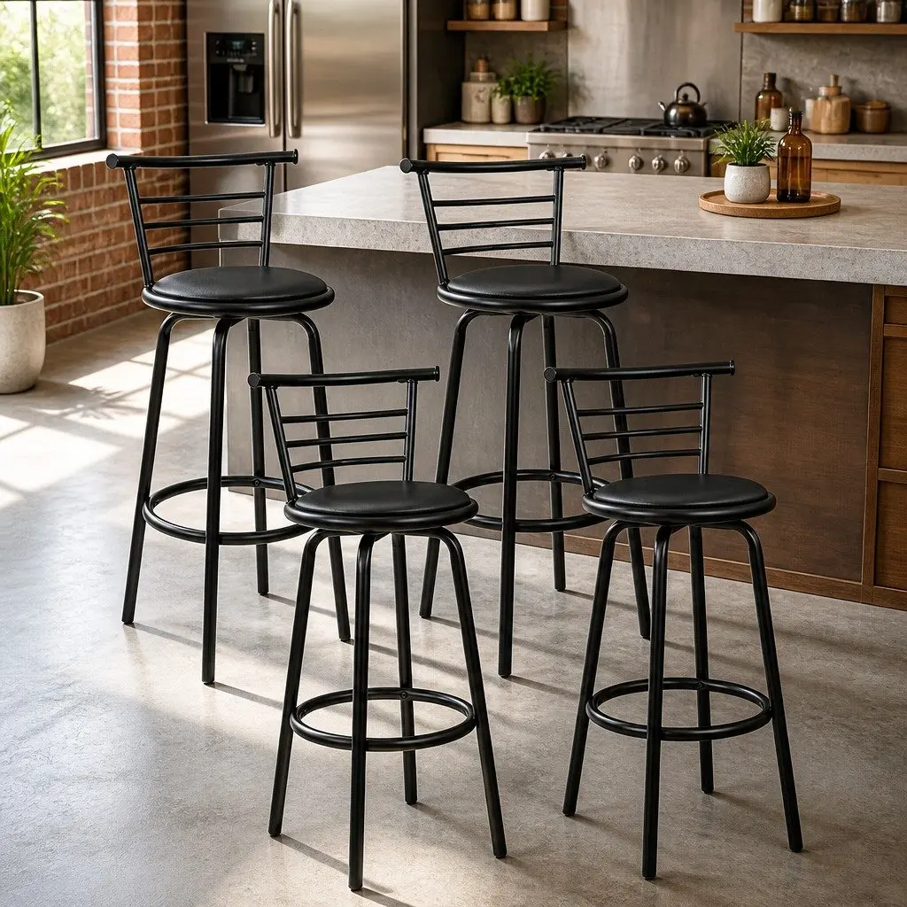 Set of 4 Black Swivel Bar Stools with Footrest