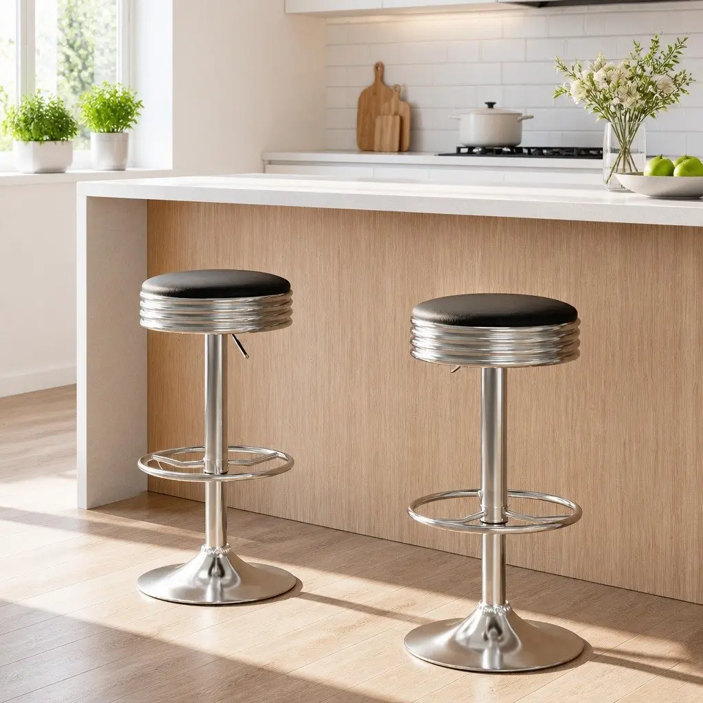 Bar Stools Backless Swivel 2 Piece Black PU Leather Chrome Base