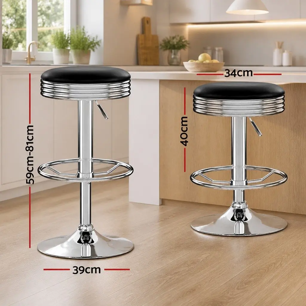 Bar Stools Backless Swivel 2 Piece Black PU Leather Chrome Base