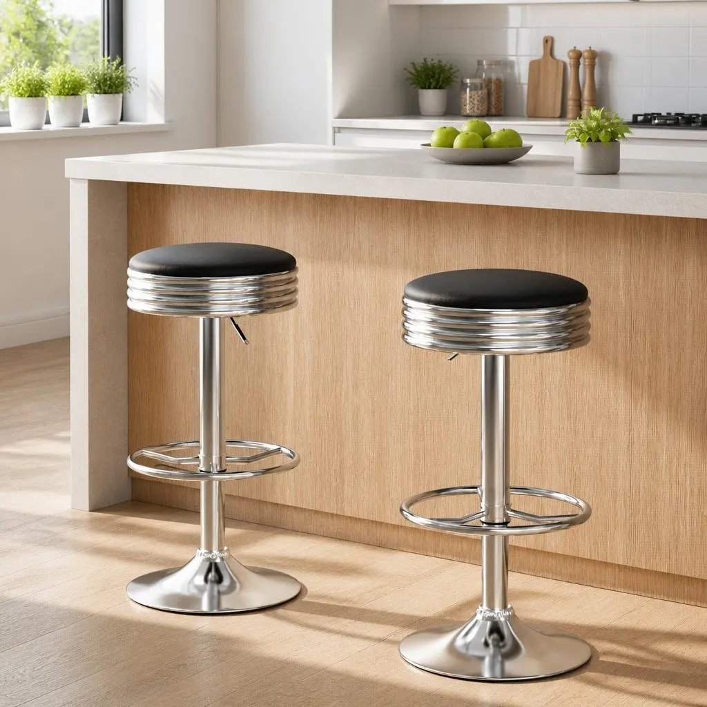 Bar Stools Backless Swivel 2 Piece Black PU Leather Chrome Base