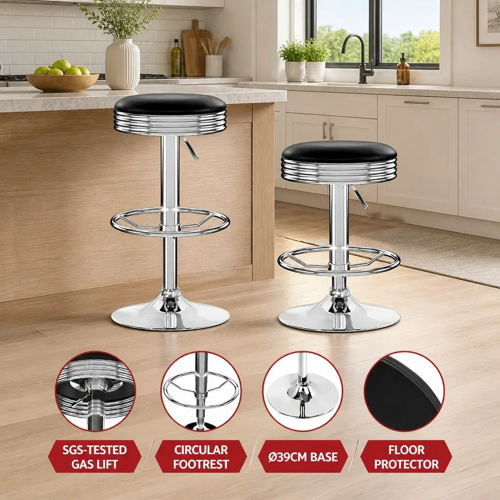 Bar Stools Backless Swivel 2 Piece Black PU Leather Chrome Base